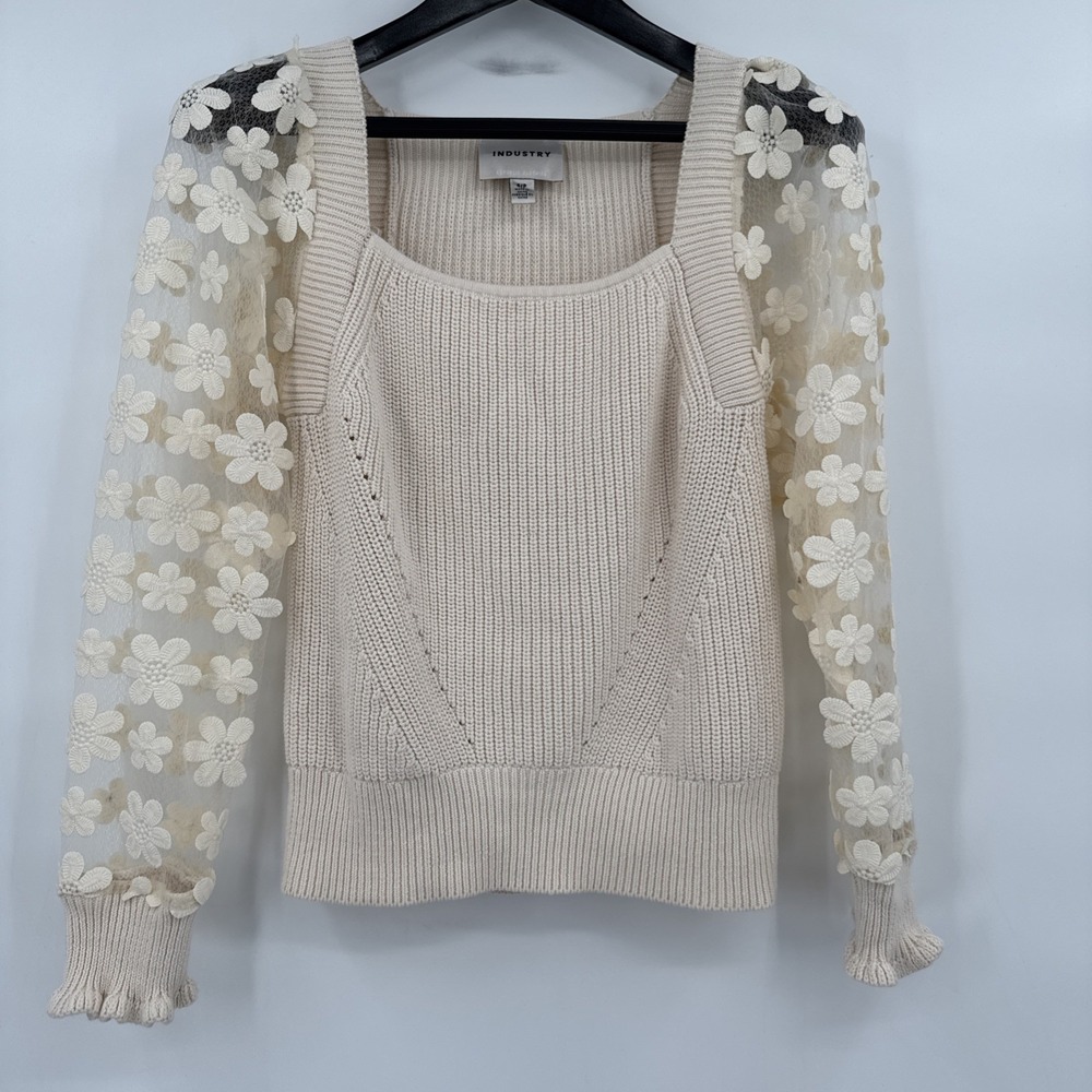 Industry Floral Appliqué Ribbed‎ Cotton Sweater Women's Size SP Bohemian Girly